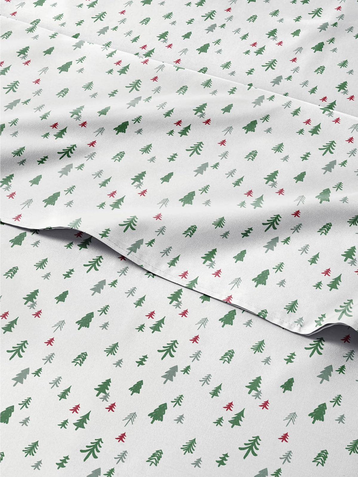 CGK Unlimited front view of Christmas Trees bedding set showing festive print and packaging benefit
