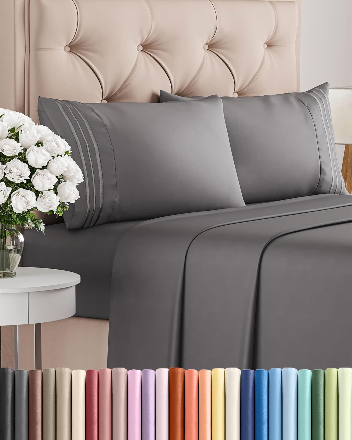 CGK Unlimited front view of dark grey sheet set showing neat fold and packaging benefit: clean presentation