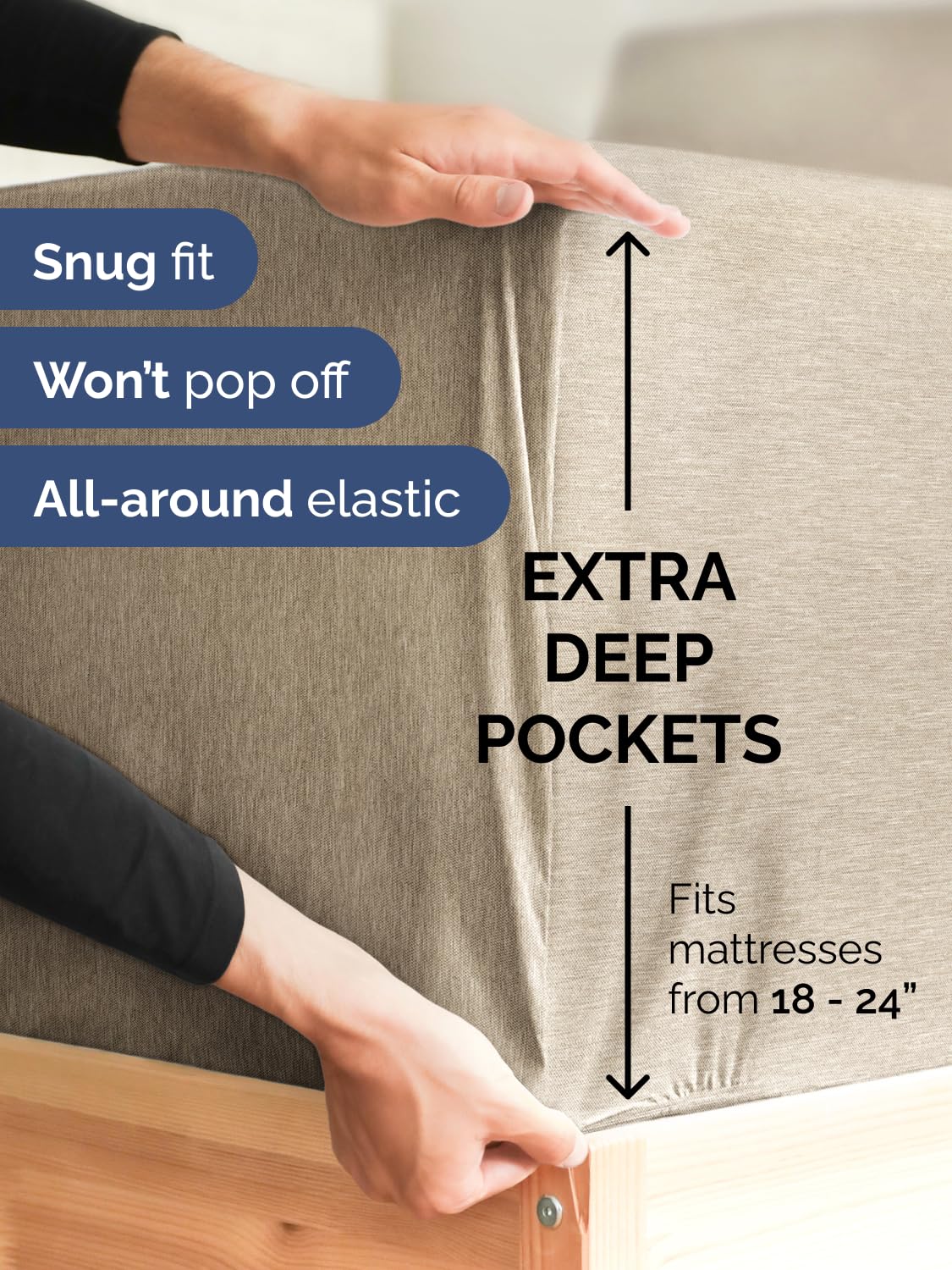 CGK Unlimited fitted sheet elastic hugging a deep mattress for secure fit