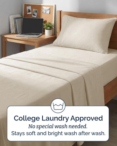 CGK Unlimited styled dorm room with sheets showing cozy, home-like comfort in wheat