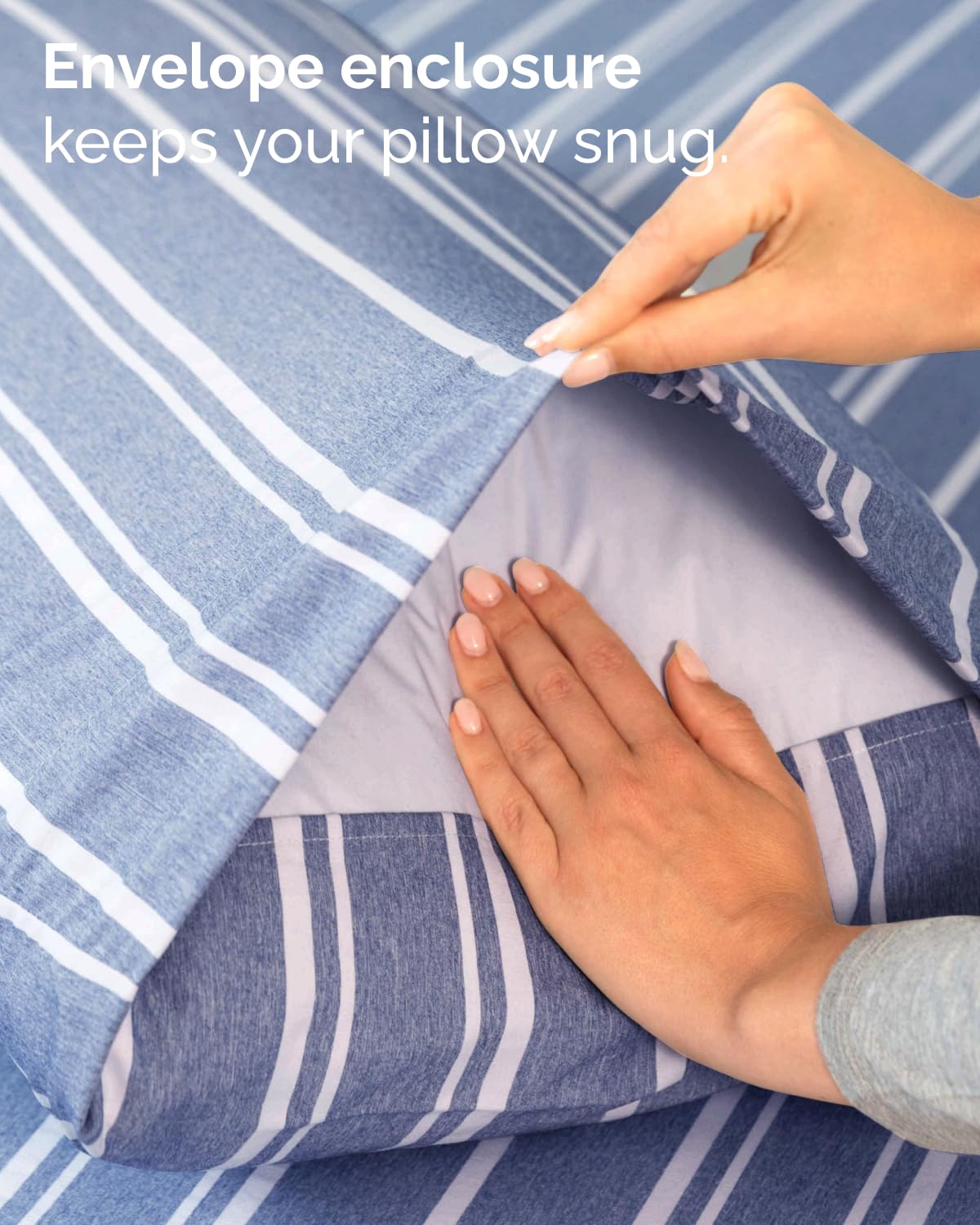 CGK Unlimited styled dorm room bed showing cozy, modern blue-striped aesthetic