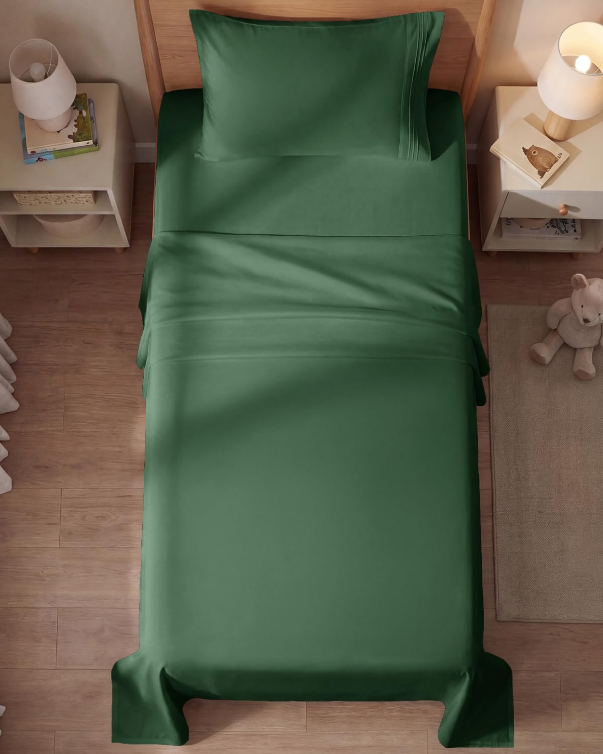CGK Unlimited bedroom lifestyle with emerald sheets creating cozy inviting sleep space