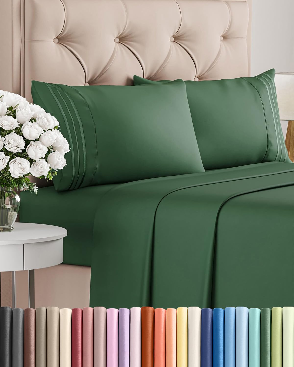 CGK Unlimited front view of emerald sheet set shows crisp bedding and elegant color