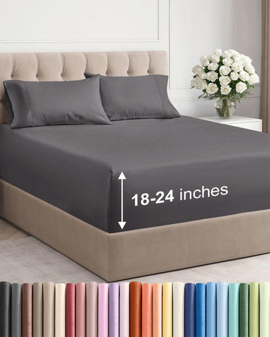 CGK Unlimited front packaging showing dark grey king sheet set and contents benefit snug fit