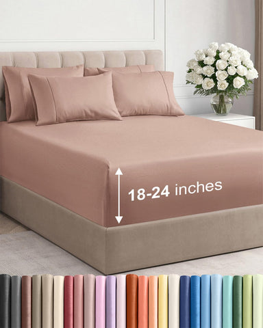 CGK Unlimited front packaging showing mauve extra deep king sheet set convenience