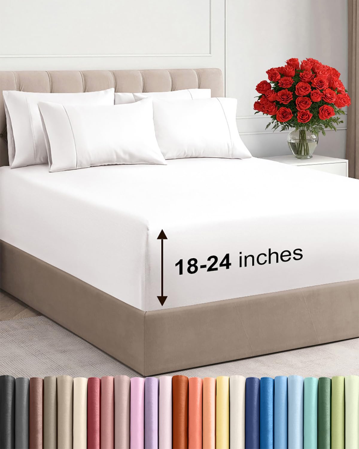 CGK Unlimited front packaging of antique white deep queen sheets showing contents and benefit
