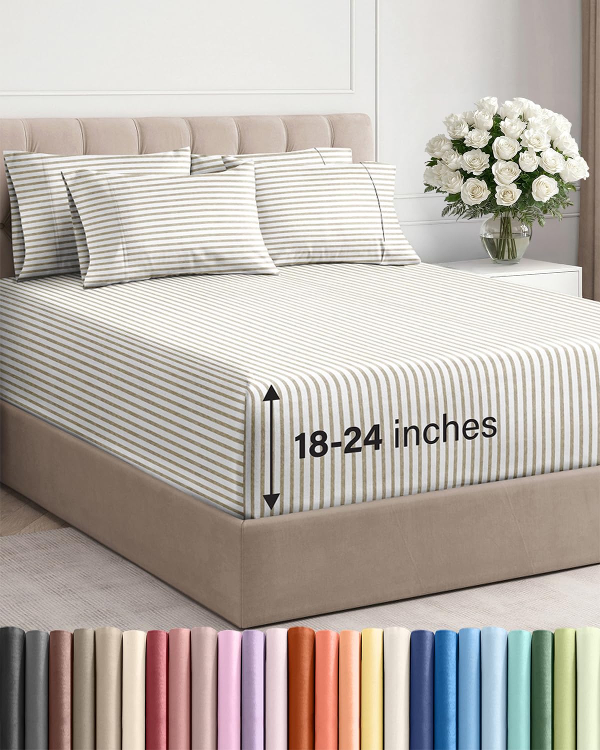CGK Unlimited front view of beige stripe queen sheet set, shows neat neutral styling for bedrooms