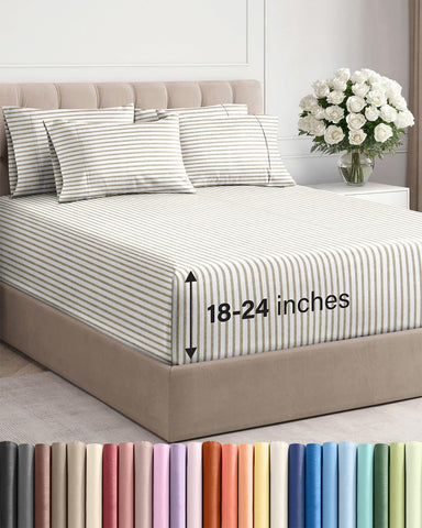 CGK Unlimited front view of beige stripe queen sheet set, shows neat neutral styling for bedrooms