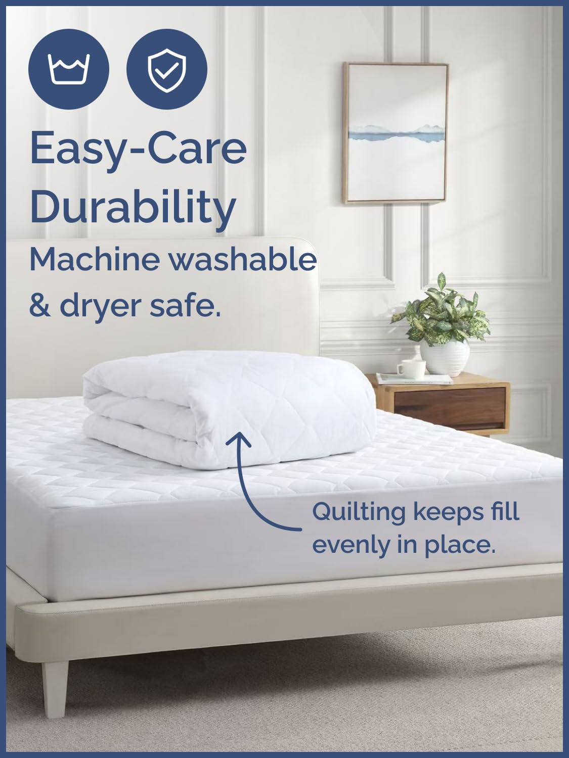 CGK Unlimited mattress pad next to ruler showing 8 to 16 inch depth fit