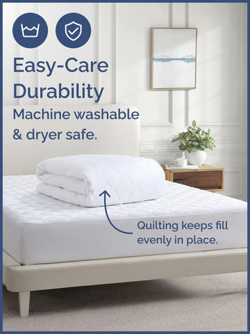CGK Unlimited mattress pad next to ruler showing 8 to 16 inch depth fit