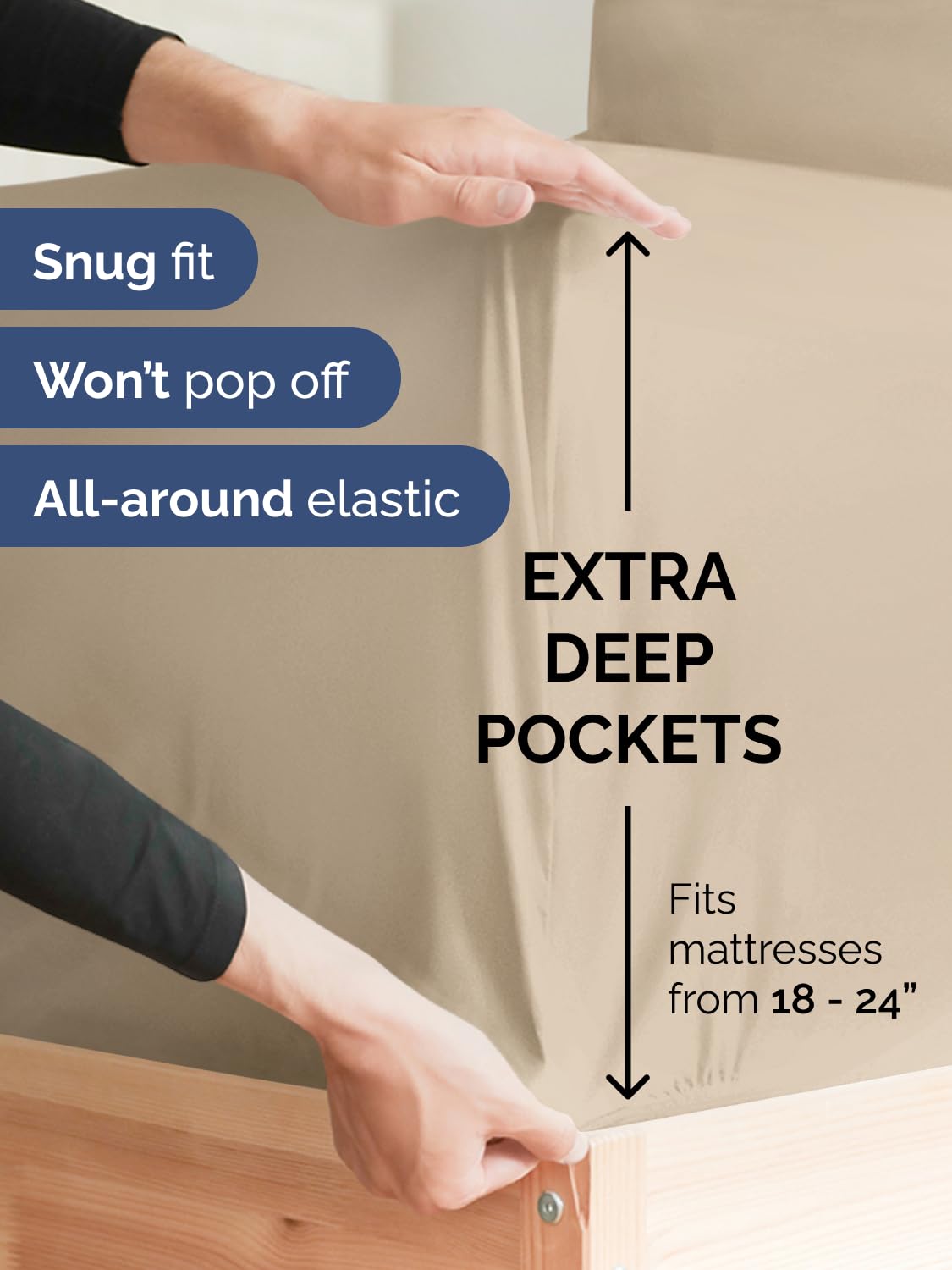 CGK Unlimited fitted sheet deep pocket close-up showing secure fit benefit
