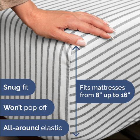 CGK Unlimited fitted sheet close-up of deep pocket and elastic showing secure fit benefit