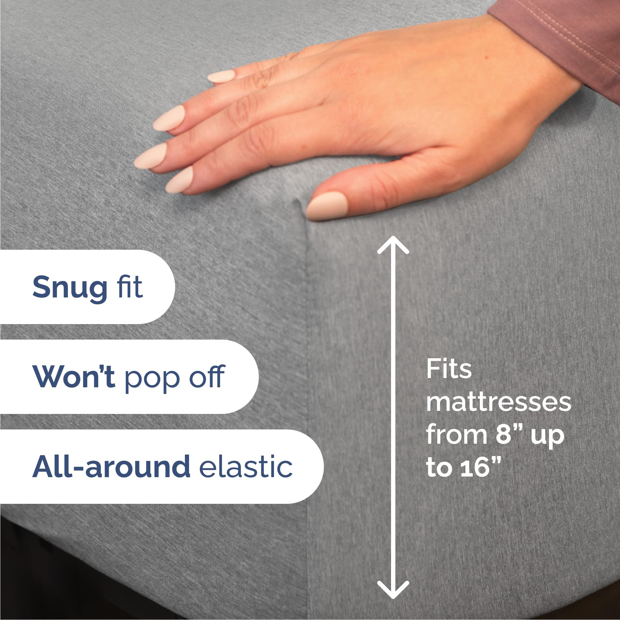 CGK Unlimited fitted sheet demonstrating deep pockets, secure fit benefit