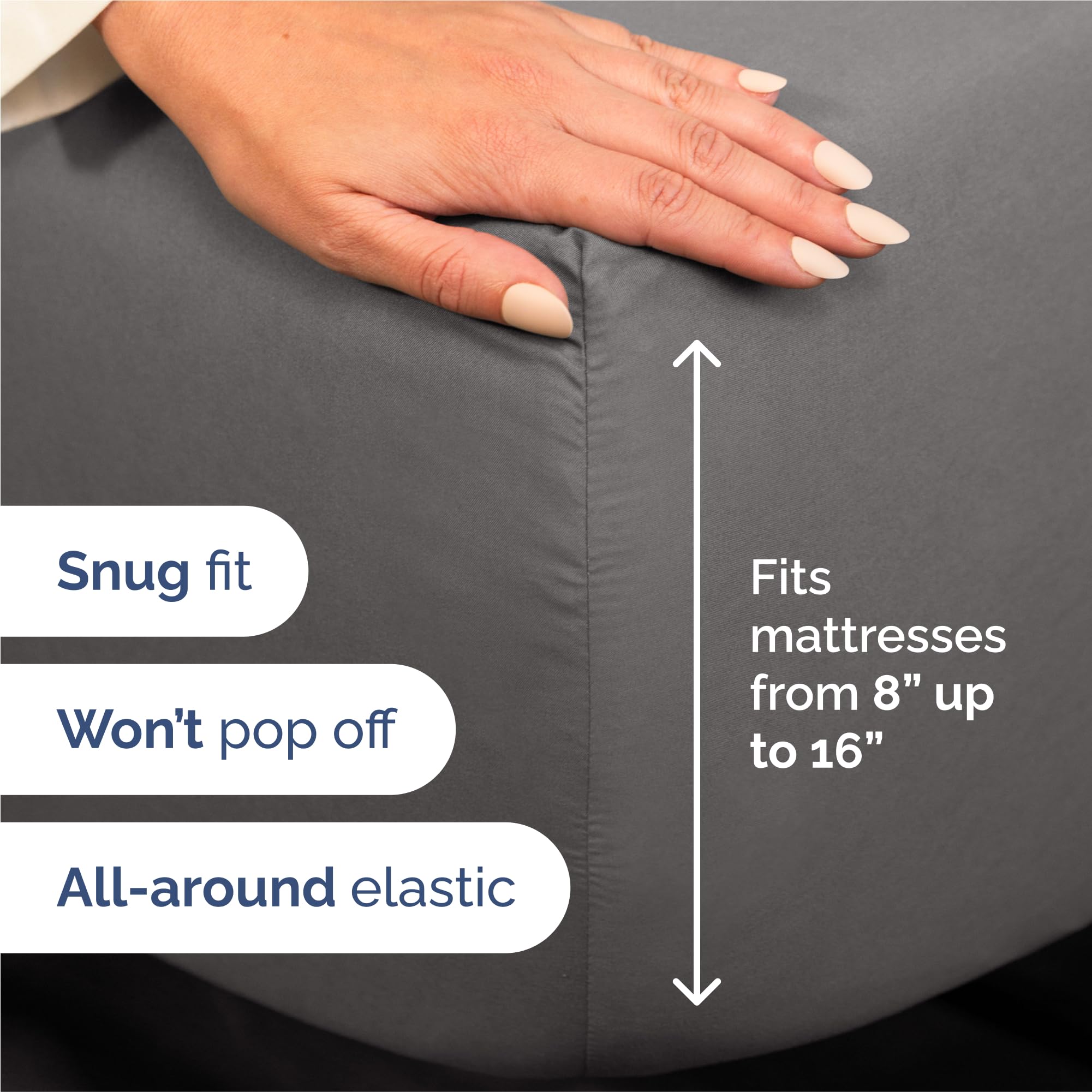 CGK Unlimited deep pocket fitted sheet detail demonstrating secure fit for mattresses up to 16 inches