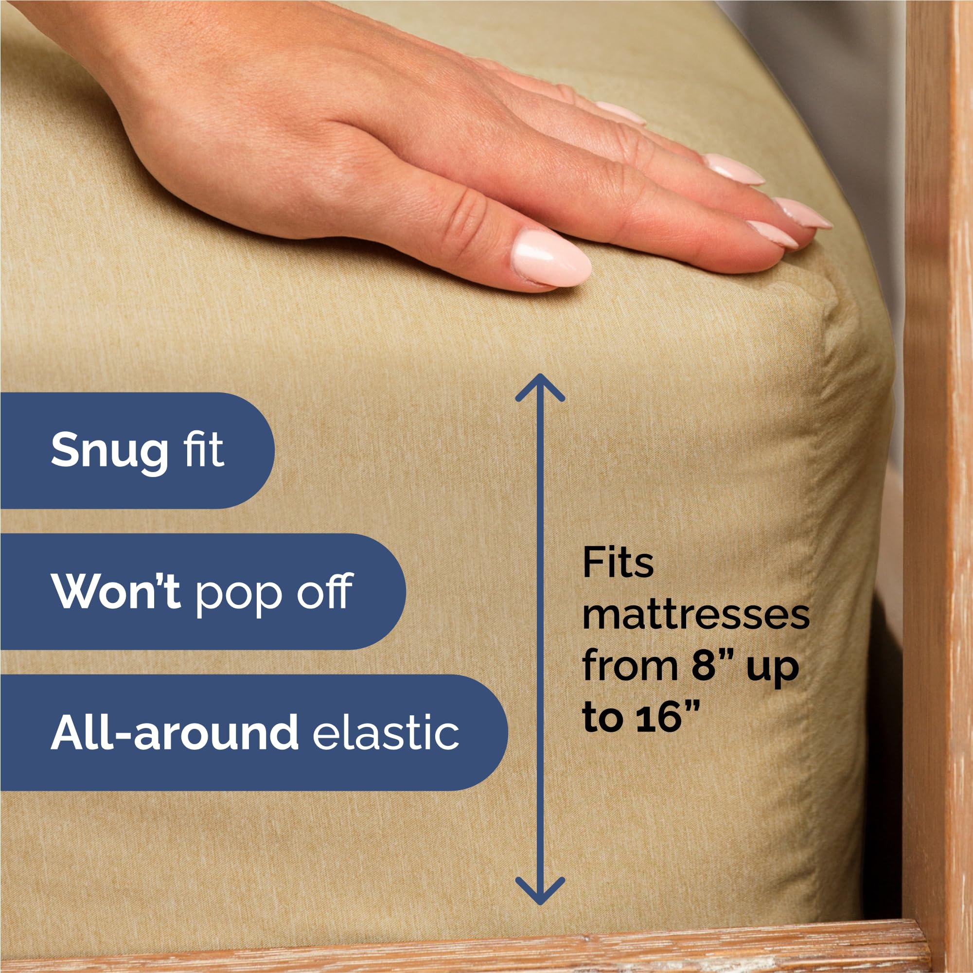 CGK Unlimited fitted sheet pocket detail demonstrating deep 16 inch fit for mattress stability