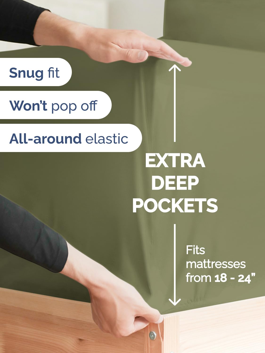 CGK Unlimited fitted sheet close-up showing deep pocket stretch for secure fit