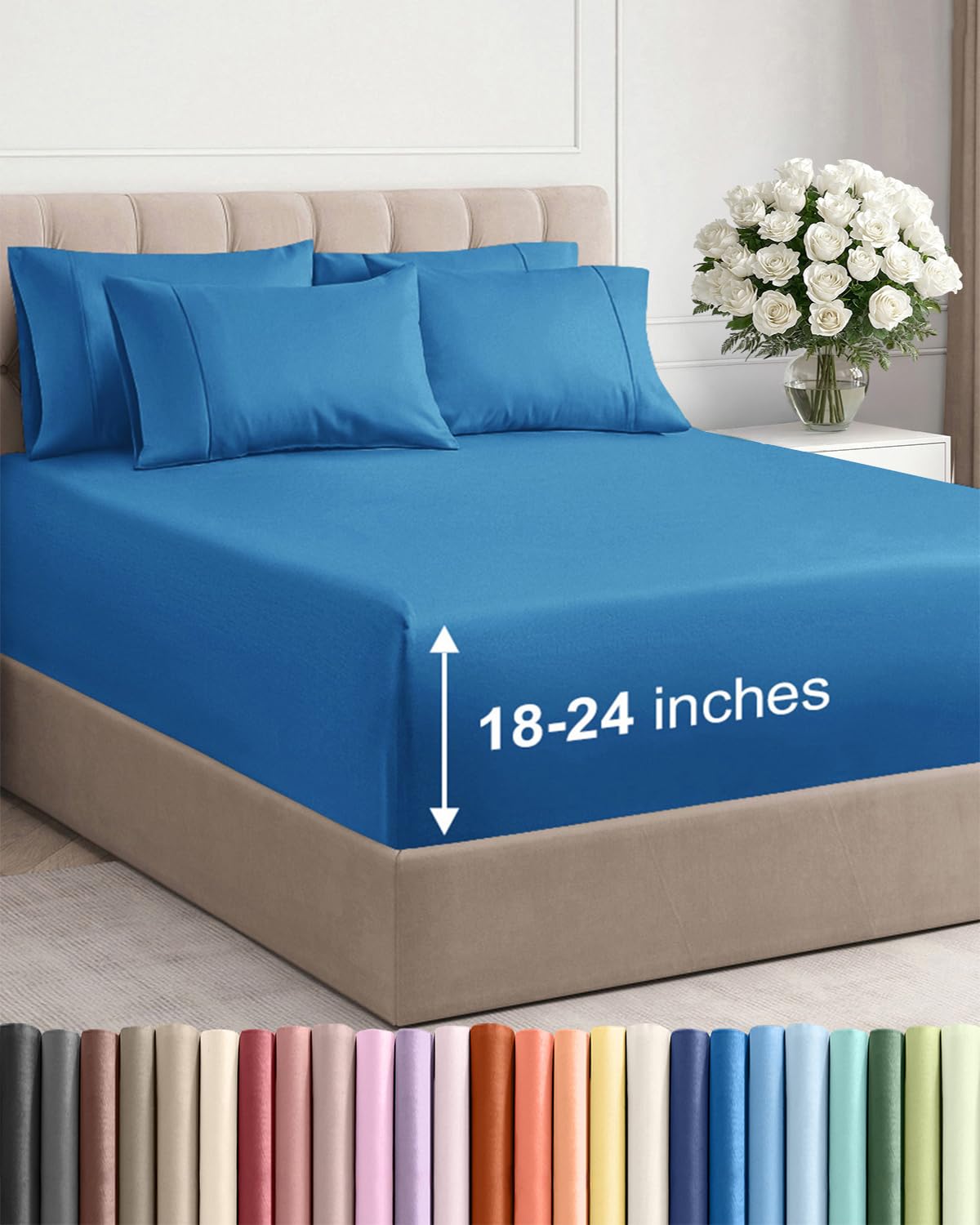 CGK Unlimited flat sheet spread in denim blue shows smooth drape and cozy look