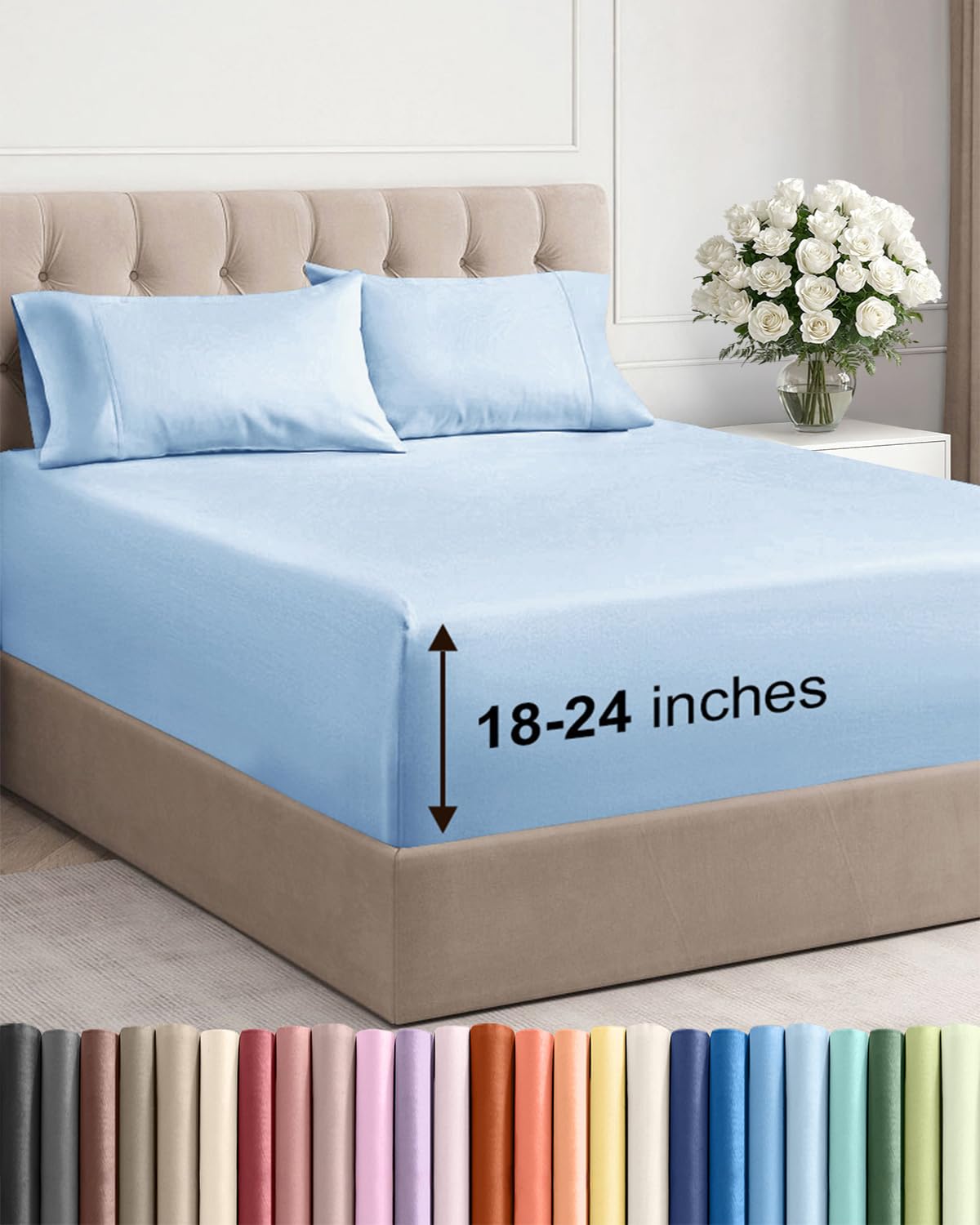 CGK Unlimited folded light blue sheet set, shows neat packaging and ready-to-use convenience