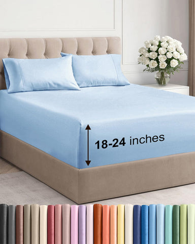 CGK Unlimited folded light blue sheet set, shows neat packaging and ready-to-use convenience