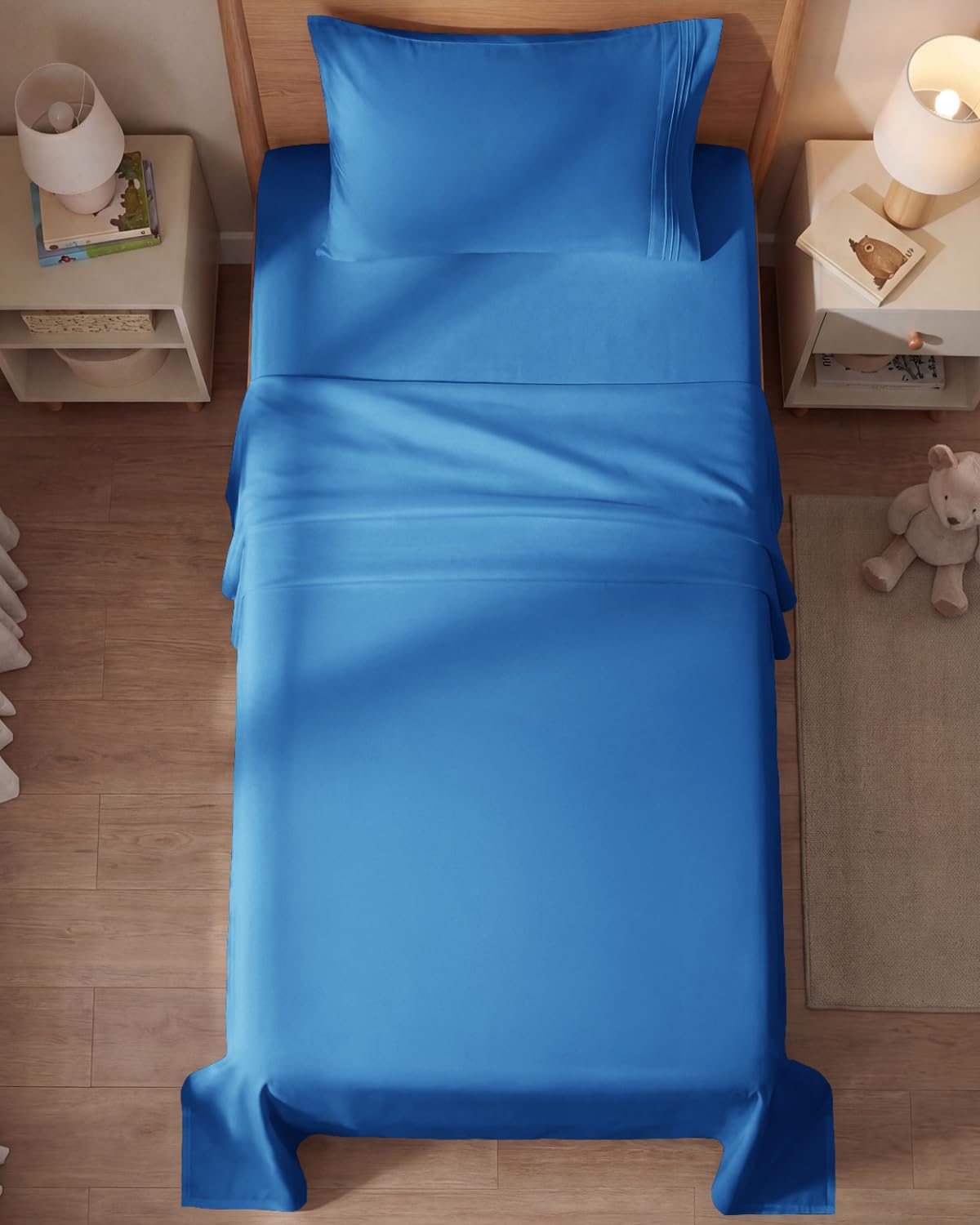 CGK Unlimited folded stack of royal blue sheets showing compact storage and colorfastness