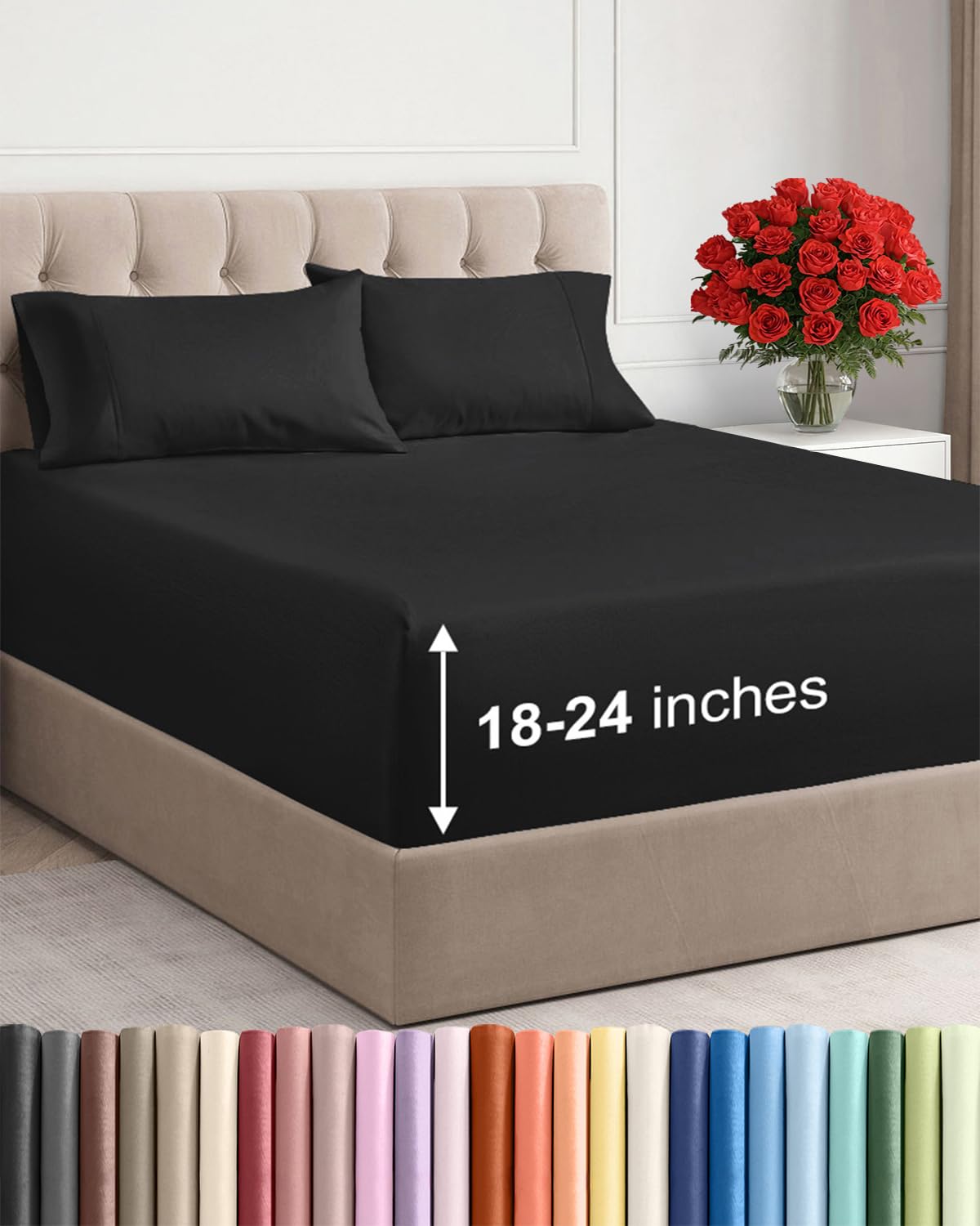 CGK Unlimited front packaging of black extra deep queen sheet set showing value