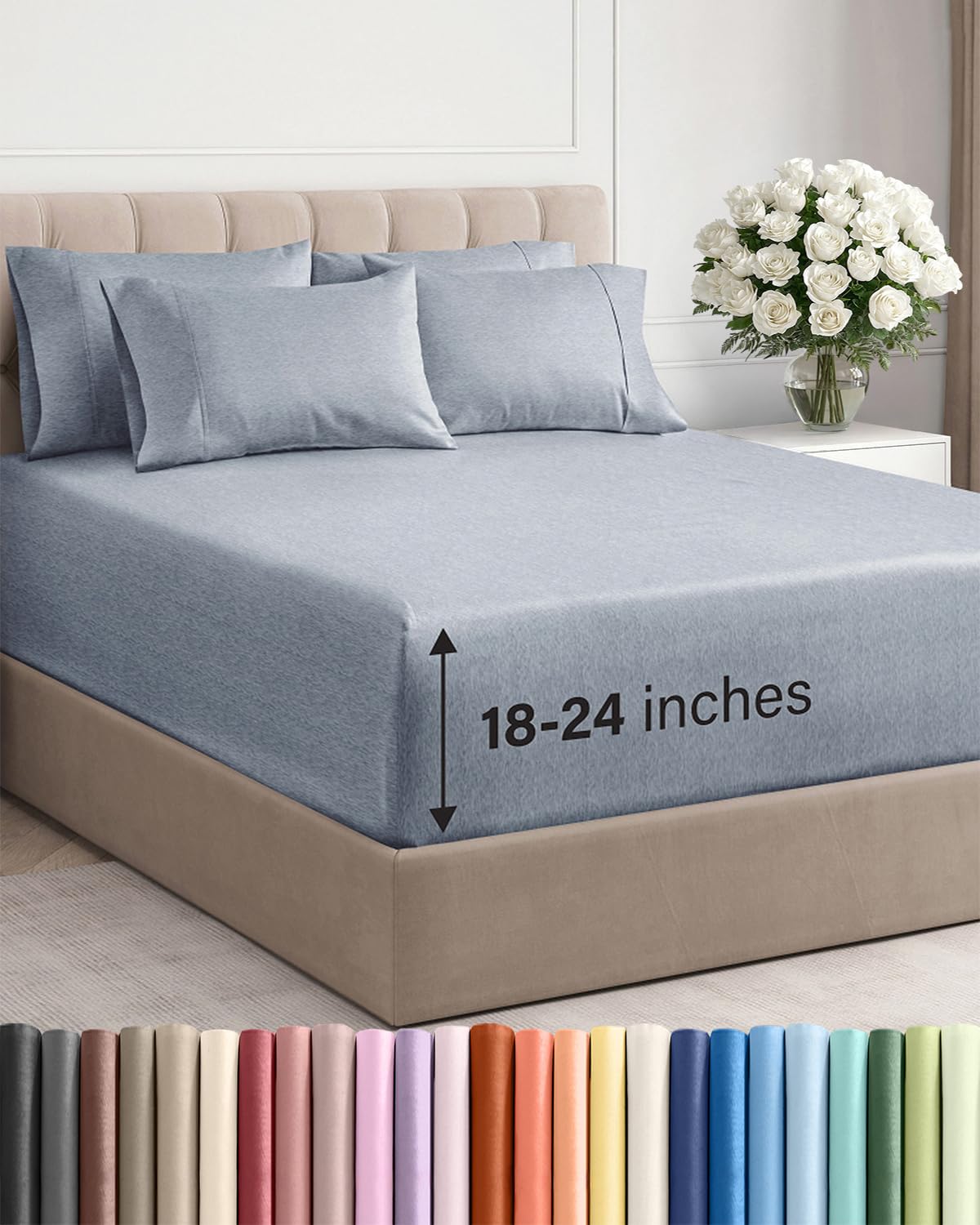 cgk unlimited front view of heathered blue sheet set showing neat packaging and style benefit