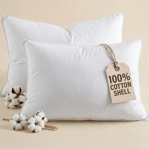 CGK Unlimited front view of two queen pillows showing clean white cover and value