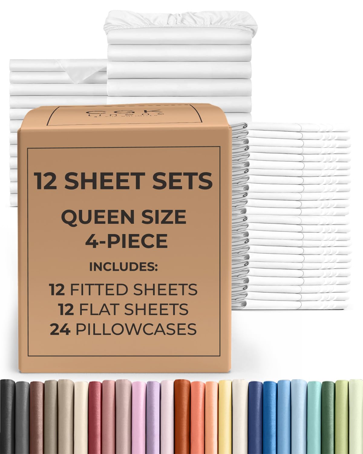CGK Unlimited front packaging of 12 white queen sheet sets showing bulk value and convenience