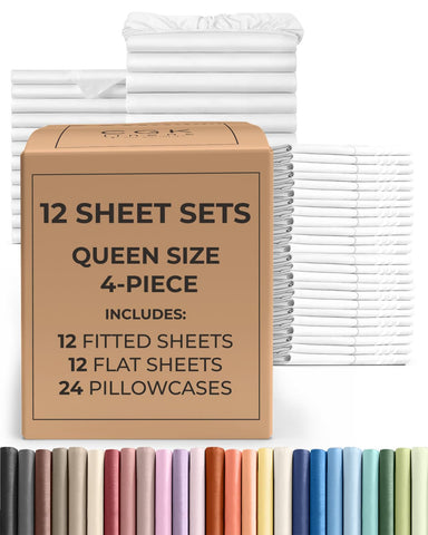 CGK Unlimited front packaging of 12 white queen sheet sets showing bulk value and convenience