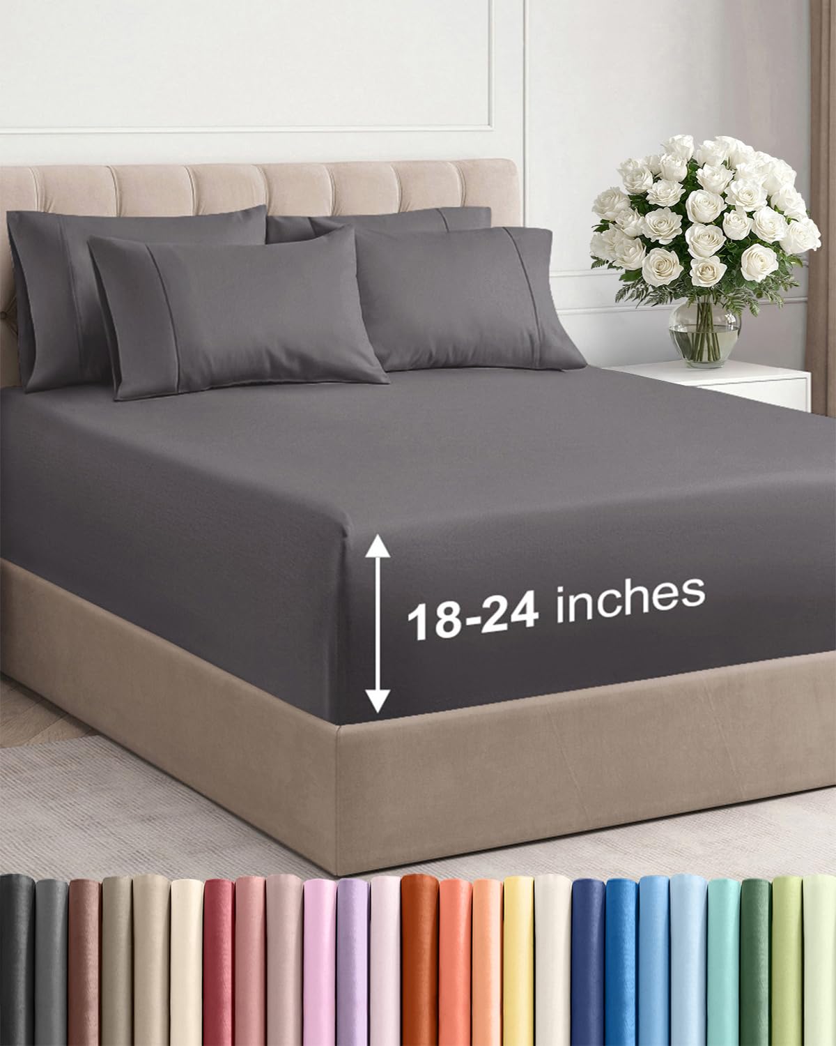 CGK Unlimited front view of grey sheet set showing neat fit and soft look