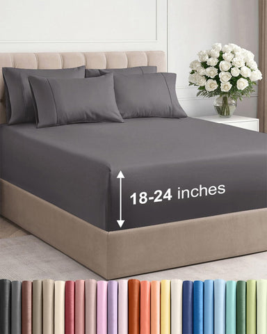 CGK Unlimited front view of grey sheet set showing neat fit and soft look