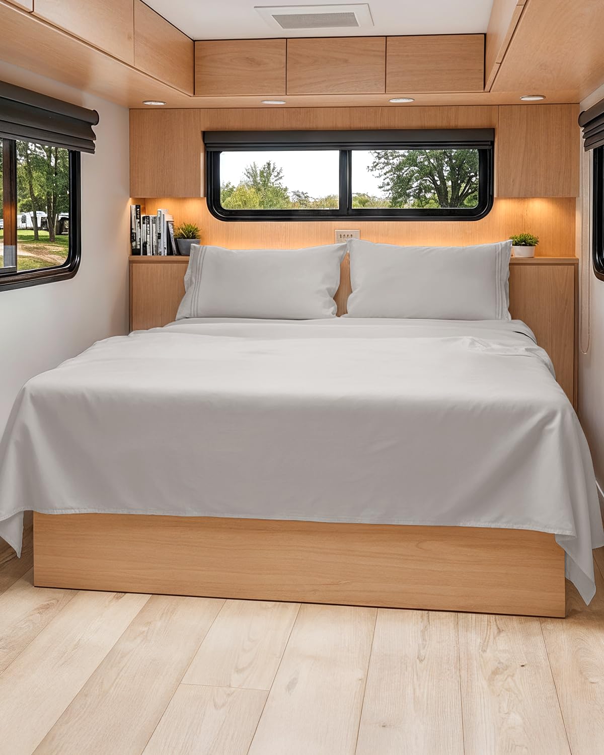 CGK Unlimited front view of light grey short queen sheet set showing neat fit