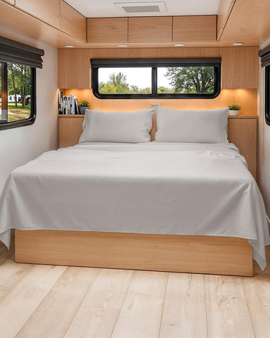 CGK Unlimited front view of light grey short queen sheet set showing neat fit
