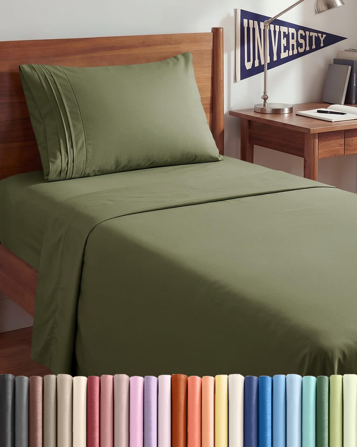 CGK Unlimited front view of Twin XL sage sheet set showing neat tuck benefits