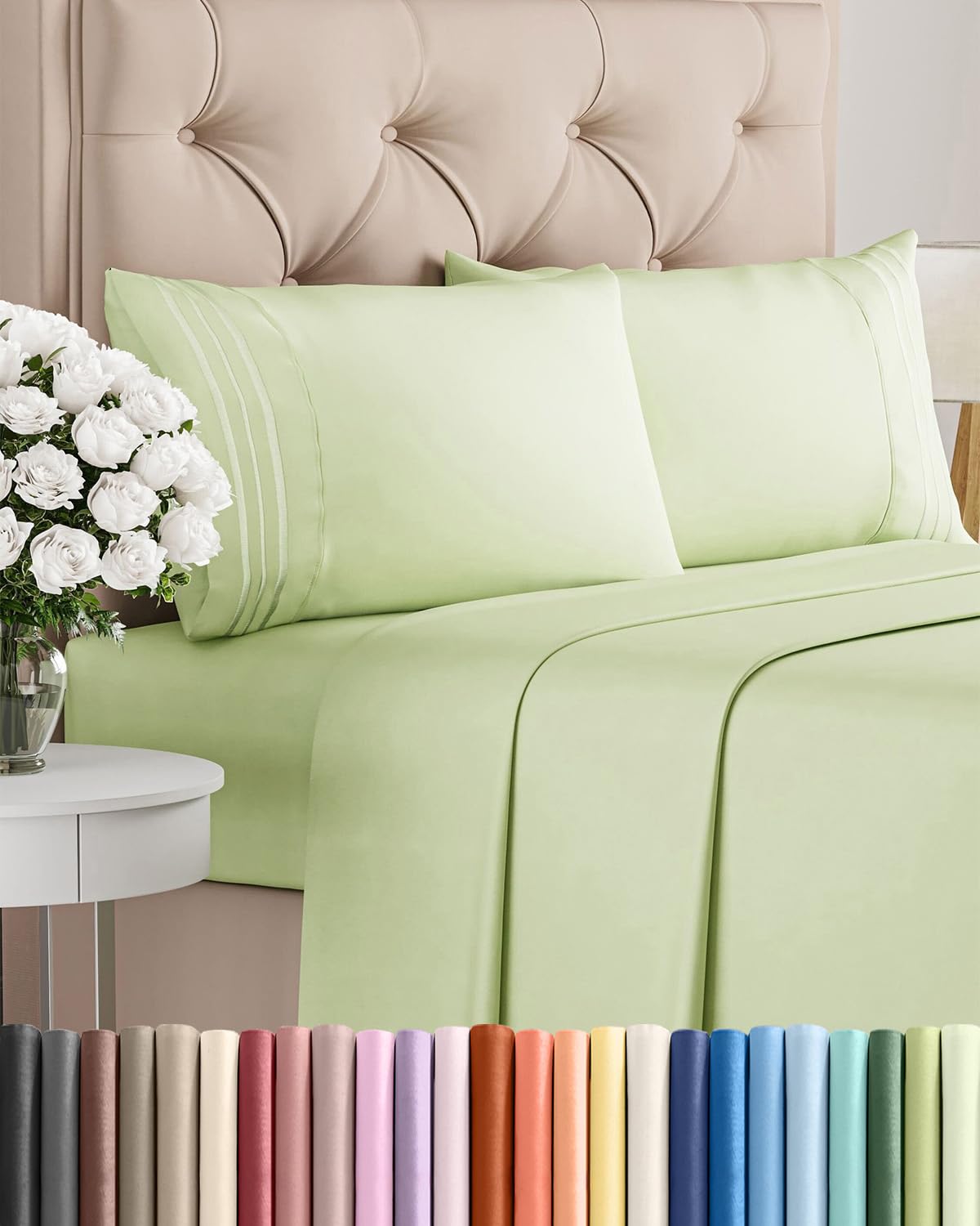 CGK Unlimited full sheet set on bed showing neat fit and calming color benefit of cohesive look