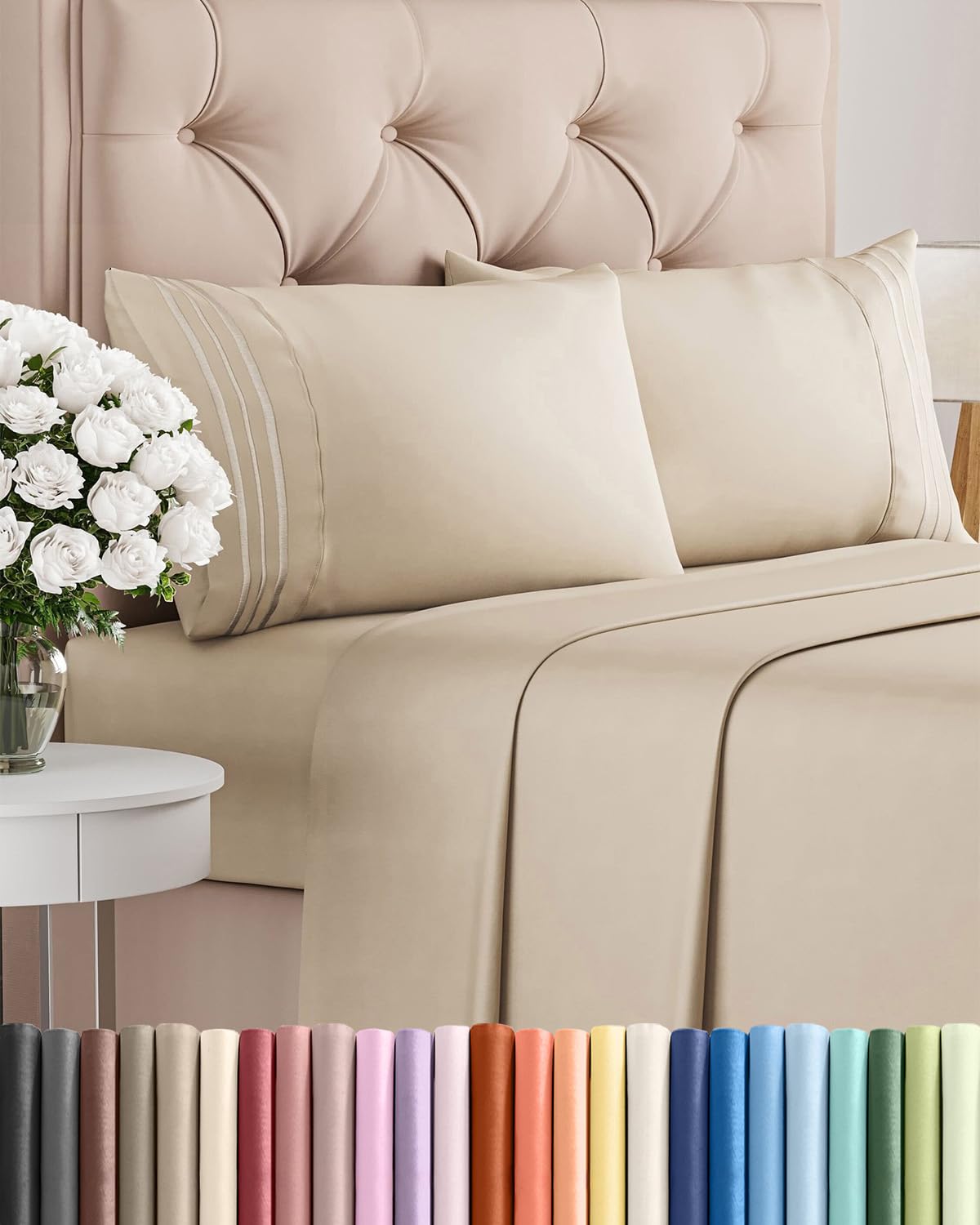 CGK Unlimited full size sheet set front packaging shows neutral wheat color and included pieces