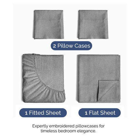 CGK Unlimited heathered grey flat sheet spread on a bed highlighting coverage