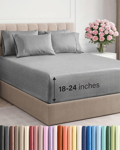 CGK Unlimited front view of heathered grey sheet set showing neat packaging and color