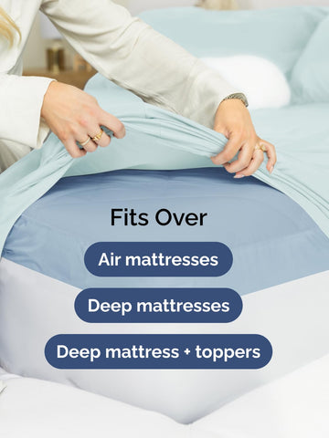 CGK Unlimited sheets fitted on very deep mattress to show compatibility with toppers