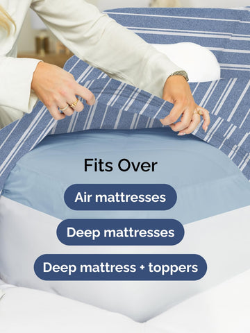 CGK Unlimited sheets styled in bedroom showing calming blue stripes and neat look