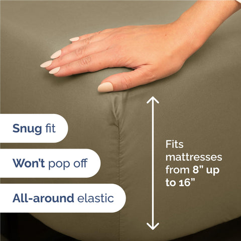 CGK Unlimited khaki flat sheet spread across bed showing full coverage