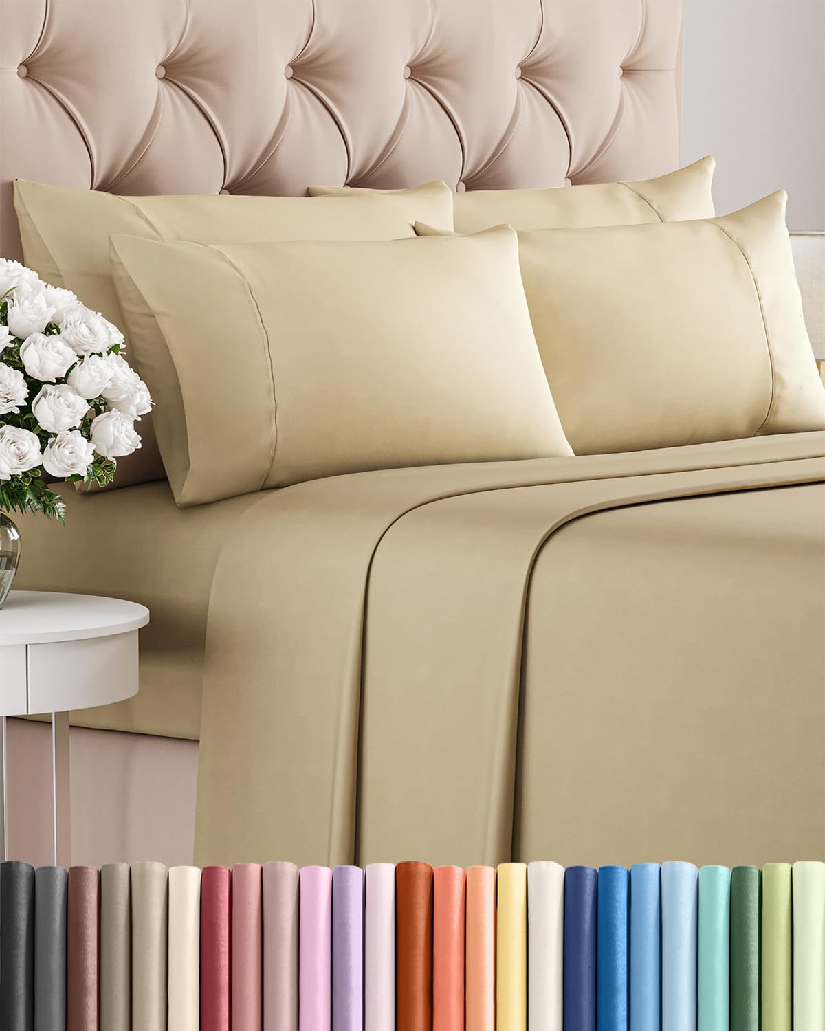 CGK Unlimited king set front view showing full bedding and beige tone for welcoming look