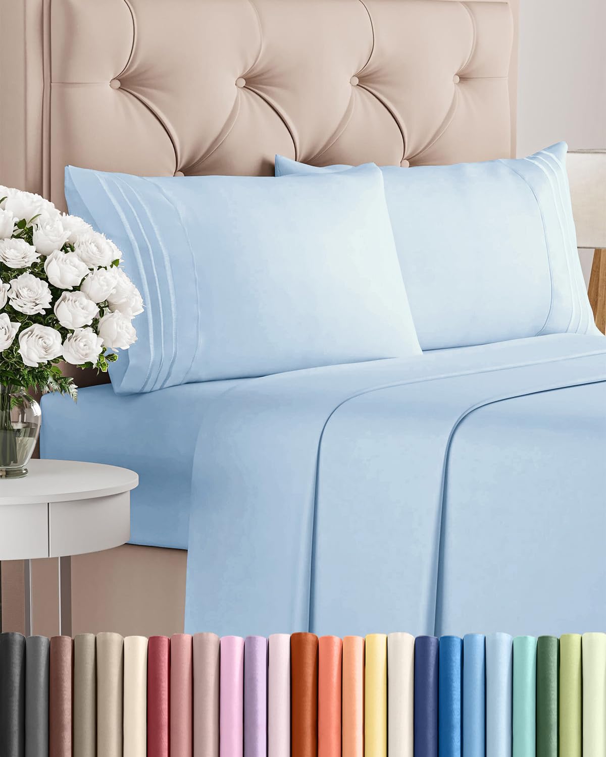 CGK Unlimited front packaging showing king light-blue sheet set with clear fold benefit