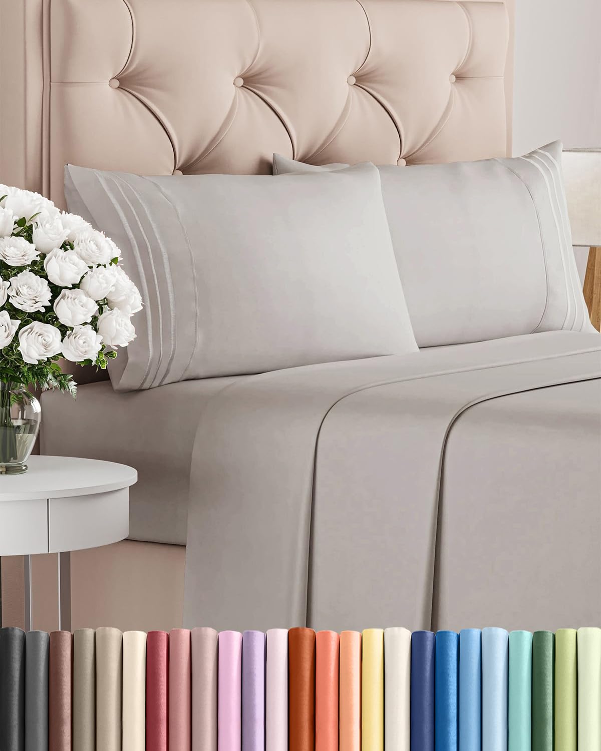 CGK Unlimited front view of light grey king sheet set showing neat fold and calm color benefit soft look