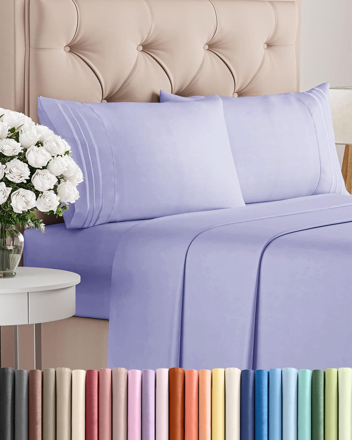 CGK Unlimited king sheet set flat display showing full lavender set and tidy presentation