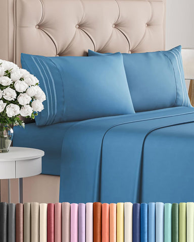 CGK Unlimited front packaging of king sheet set showing denim blue and included pieces for easy selection