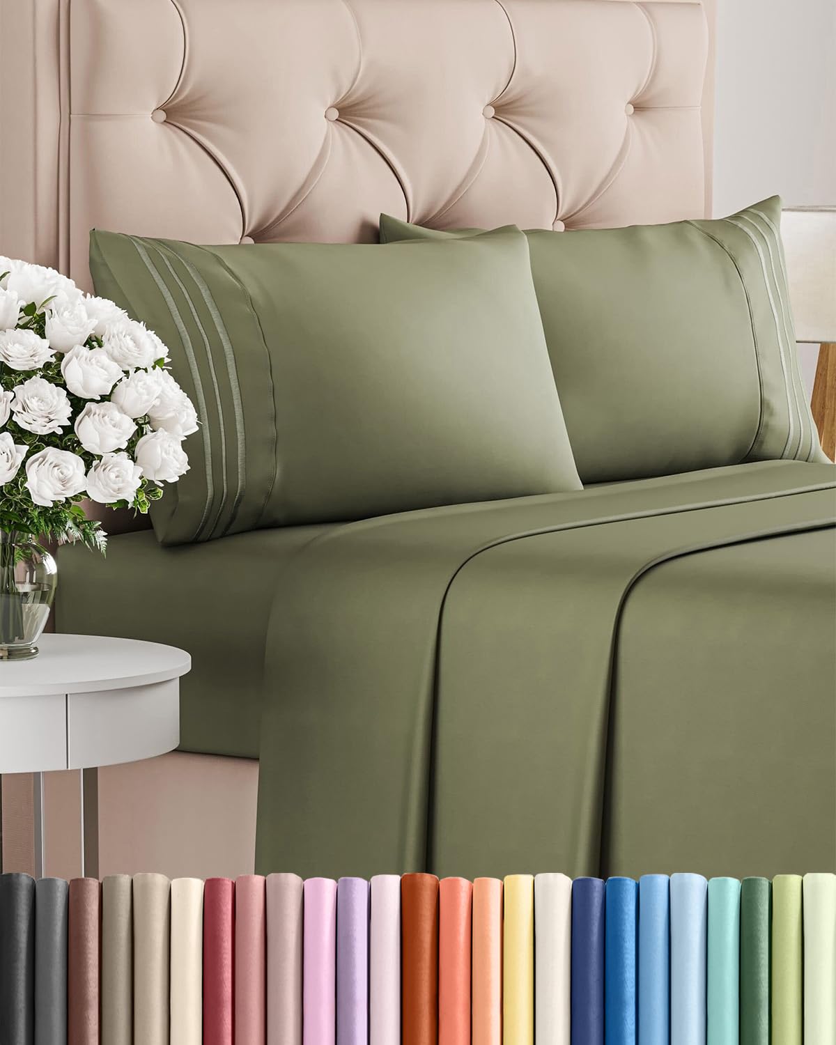 CGK Unlimited king sheet set front view showing full sage bedding and neat fold benefit: instant bedroom refresh