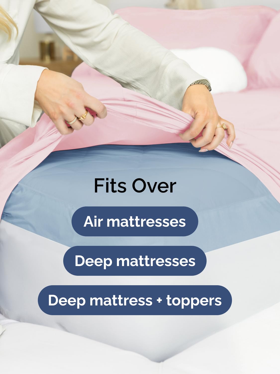 CGK Unlimited sheet on mattress with topper illustrating deep-pocket fit and stability