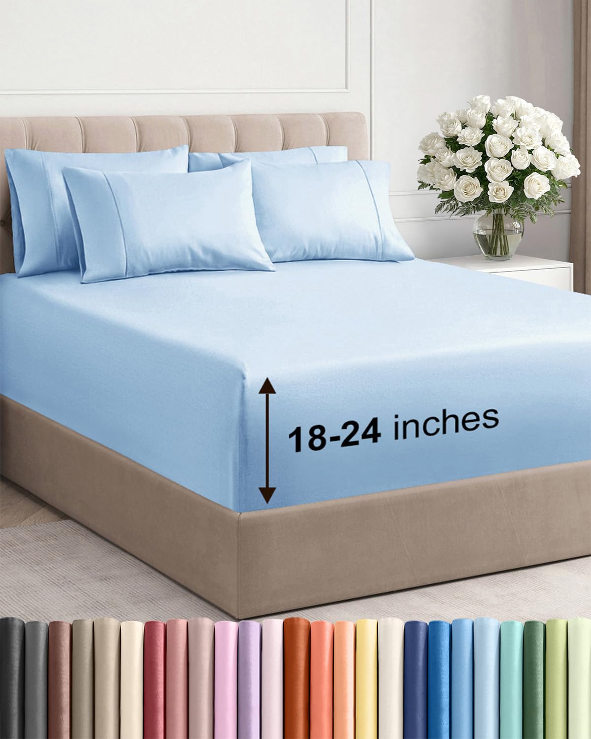 CGK Unlimited front flat-lay showing the full light blue king sheet set and neat fold benefit