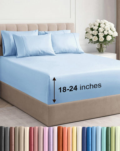 CGK Unlimited front flat-lay showing the full light blue king sheet set and neat fold benefit